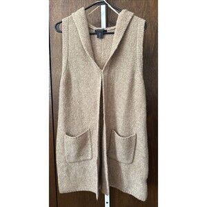 Tahari Cardigan Sz Medium Tan Wool Blend Sweatervest Hood Sleeveless Long Pocket